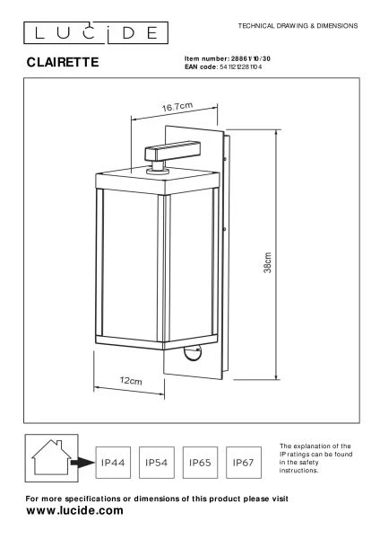 Lucide CLAIRETTE - Wandleuchte Innen/Außen - LED - 1x15W 3000K - IP54 - Bewegungssensor - Anthrazit - TECHNISCH